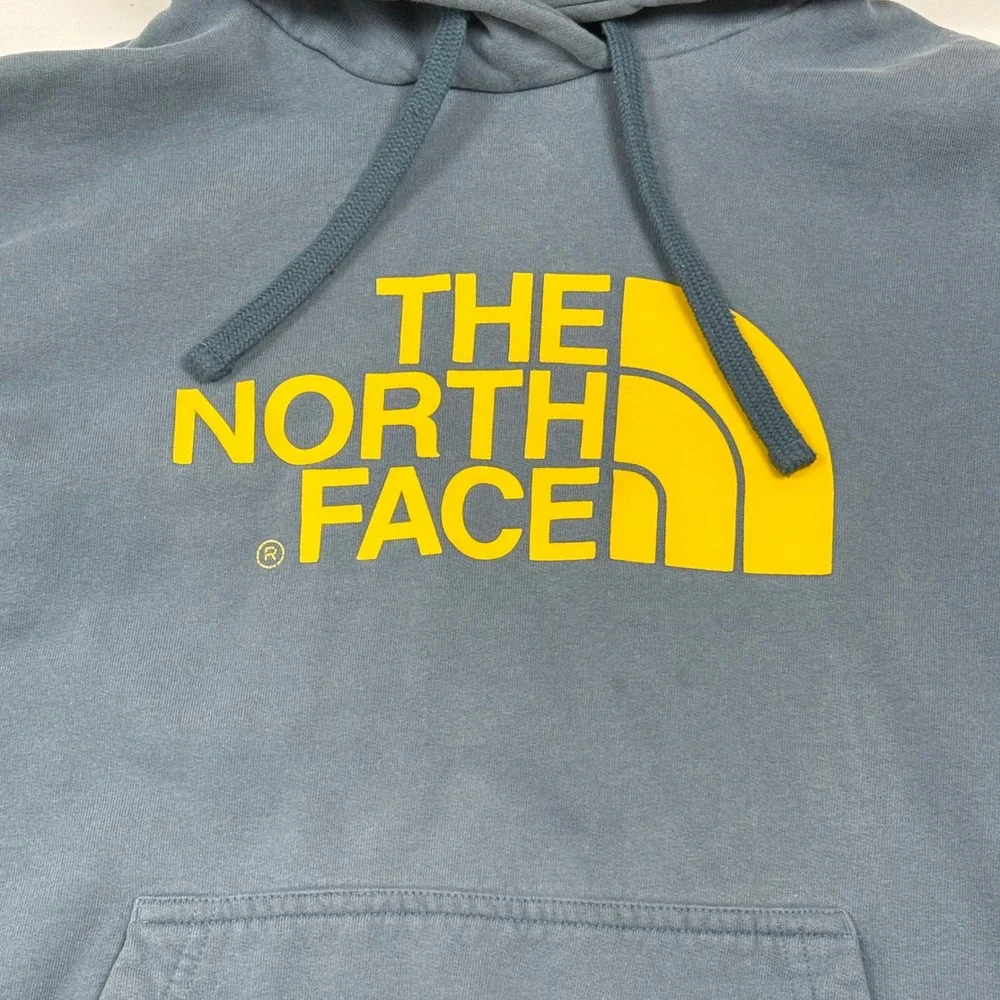 The North Face Hoodie Mens L Dusty Blue & Yellow Spell Out Logo Pullover‎